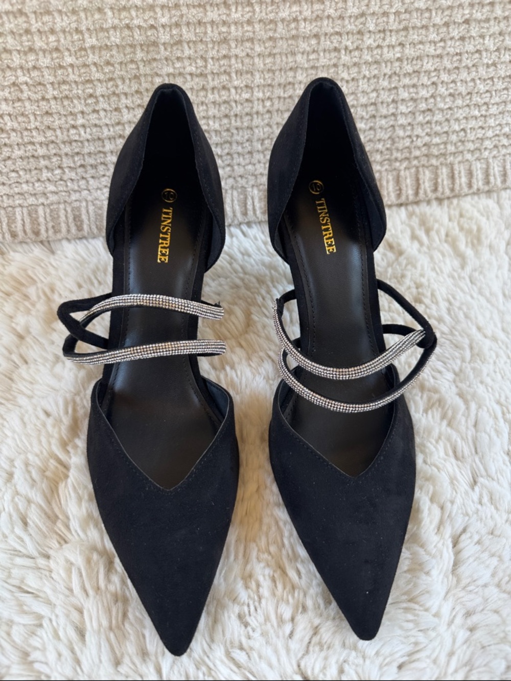 TINSTREE Black Pointed Rhinestone Strap D'Orsay Heels